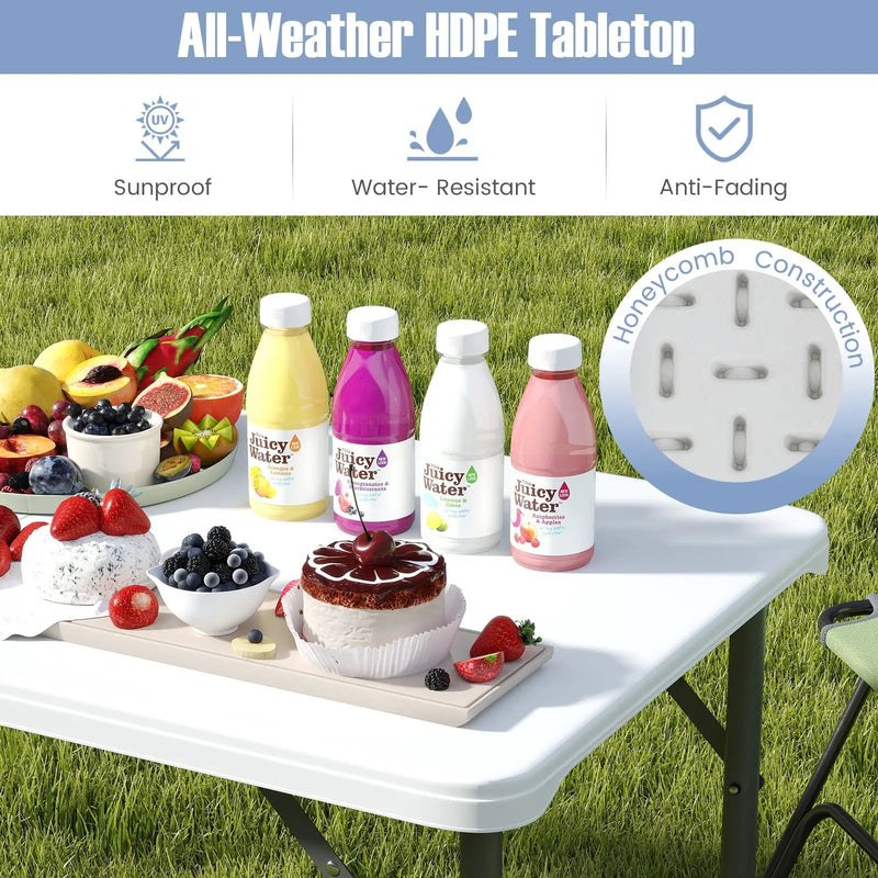 4 Feet Portable Camping Table with HDPE Tabletop and Metal Legs-White by DirectDeals