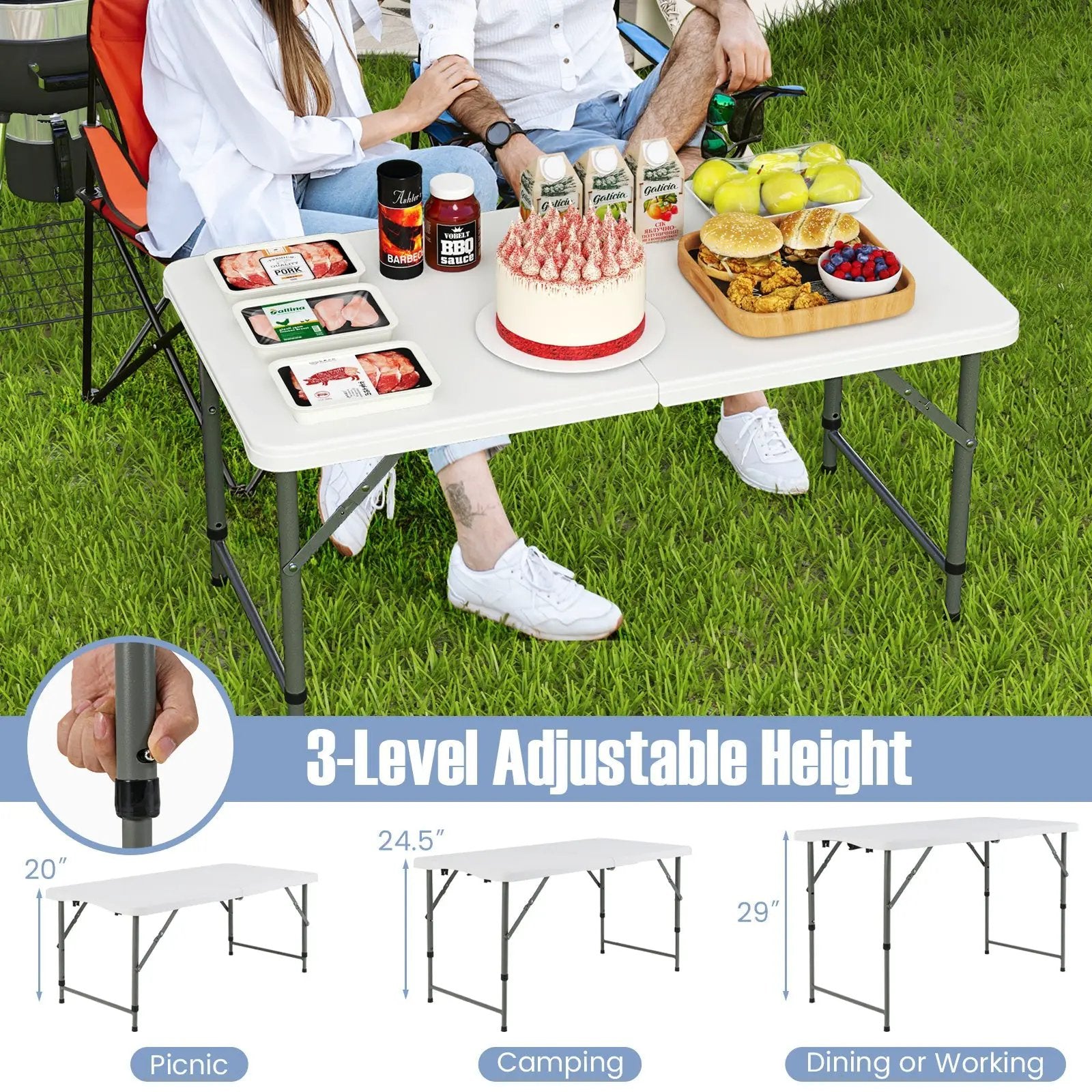 4 Feet Portable Camping Table with HDPE Tabletop and Metal Legs-White by DirectDeals