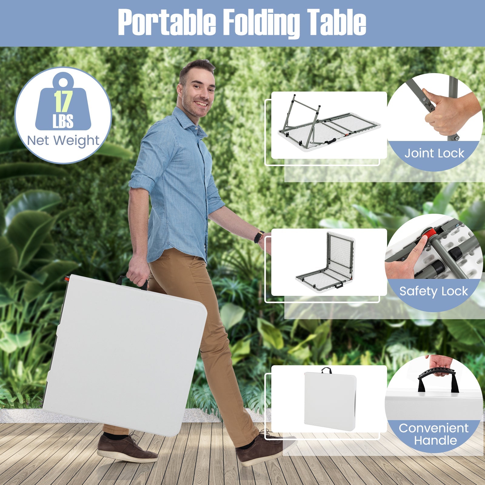 4 Feet Portable Camping Table with HDPE Tabletop and Metal Legs-White by DirectDeals