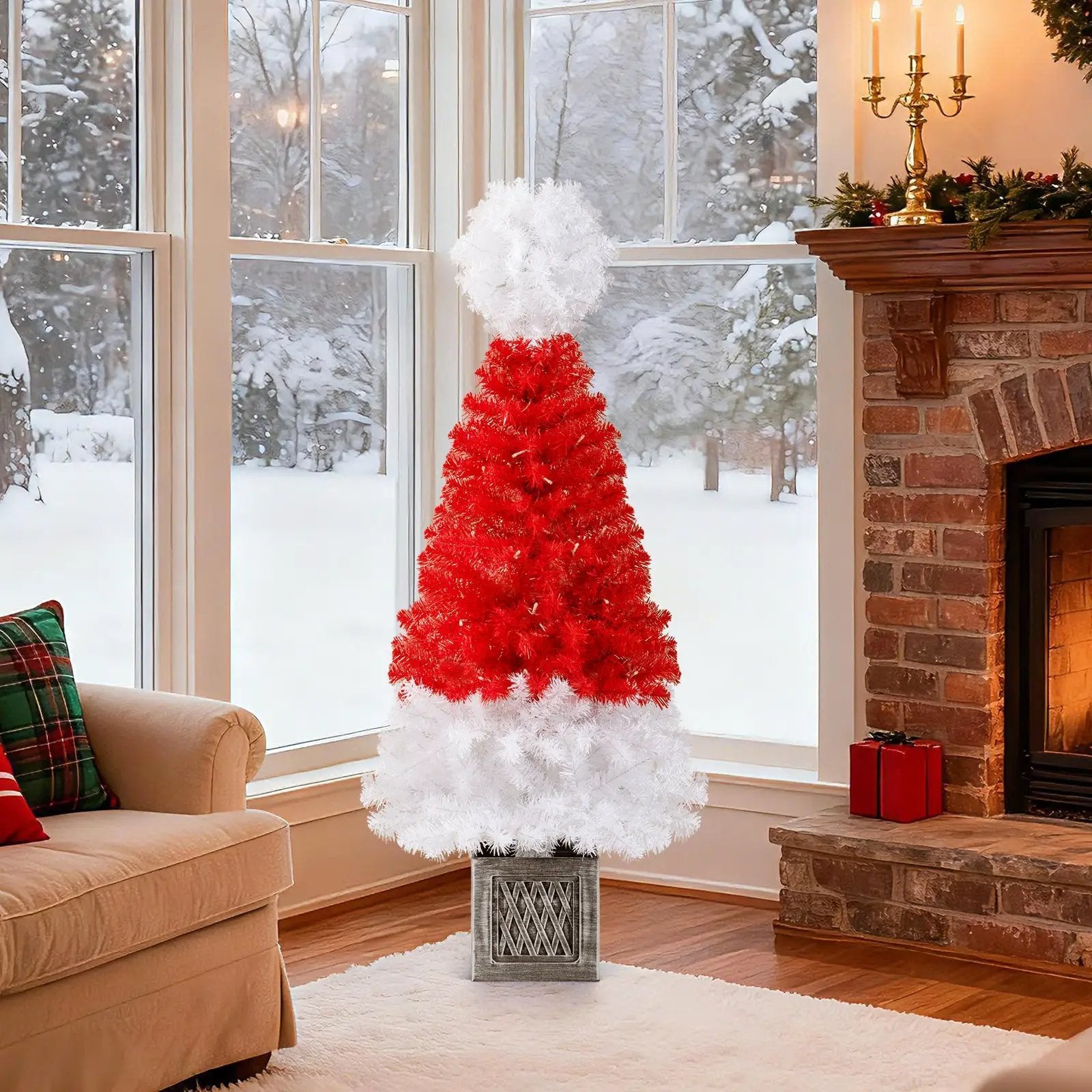 4 Ft Artificial Christmas Tree Santa Hat Xmas Tree with 300 Branch Tips Red by DirectDeals