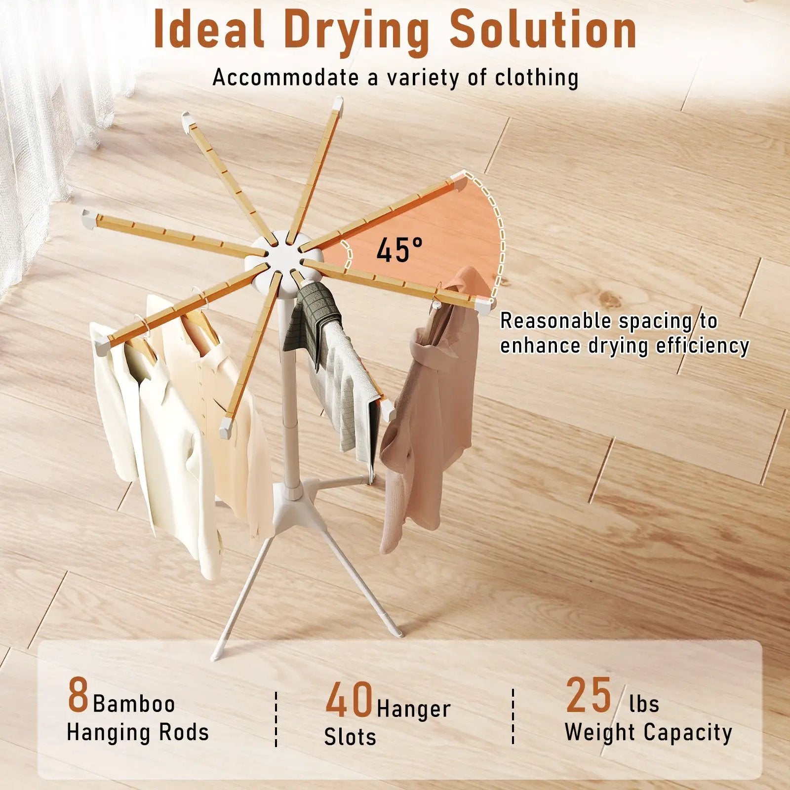 4 Legs Foldable Clothes Drying Rack with 8 Bamboo Hanging Rods and 40 Hanger Slots by DirectDeals