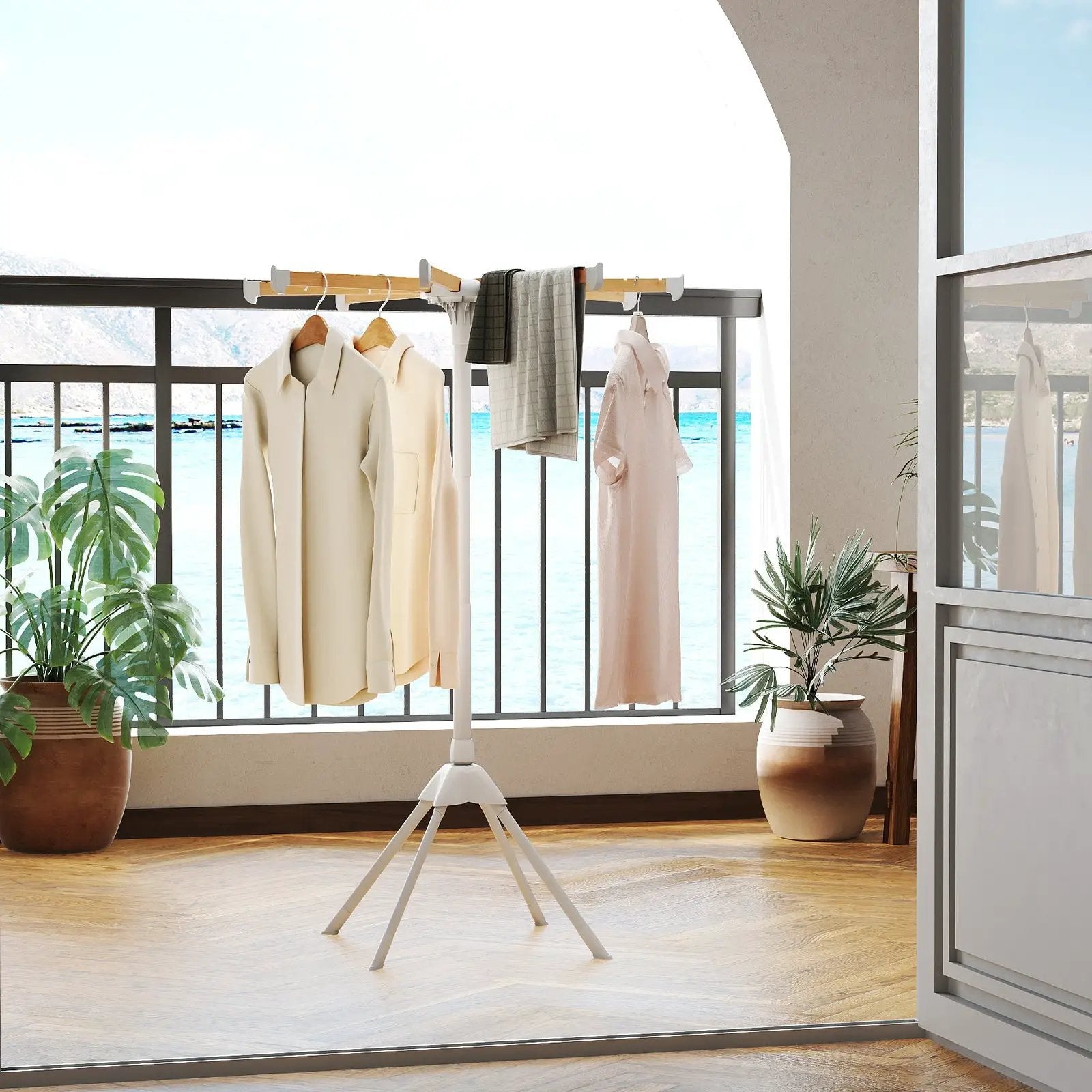 4 Legs Foldable Clothes Drying Rack with 8 Bamboo Hanging Rods and 40 Hanger Slots by DirectDeals