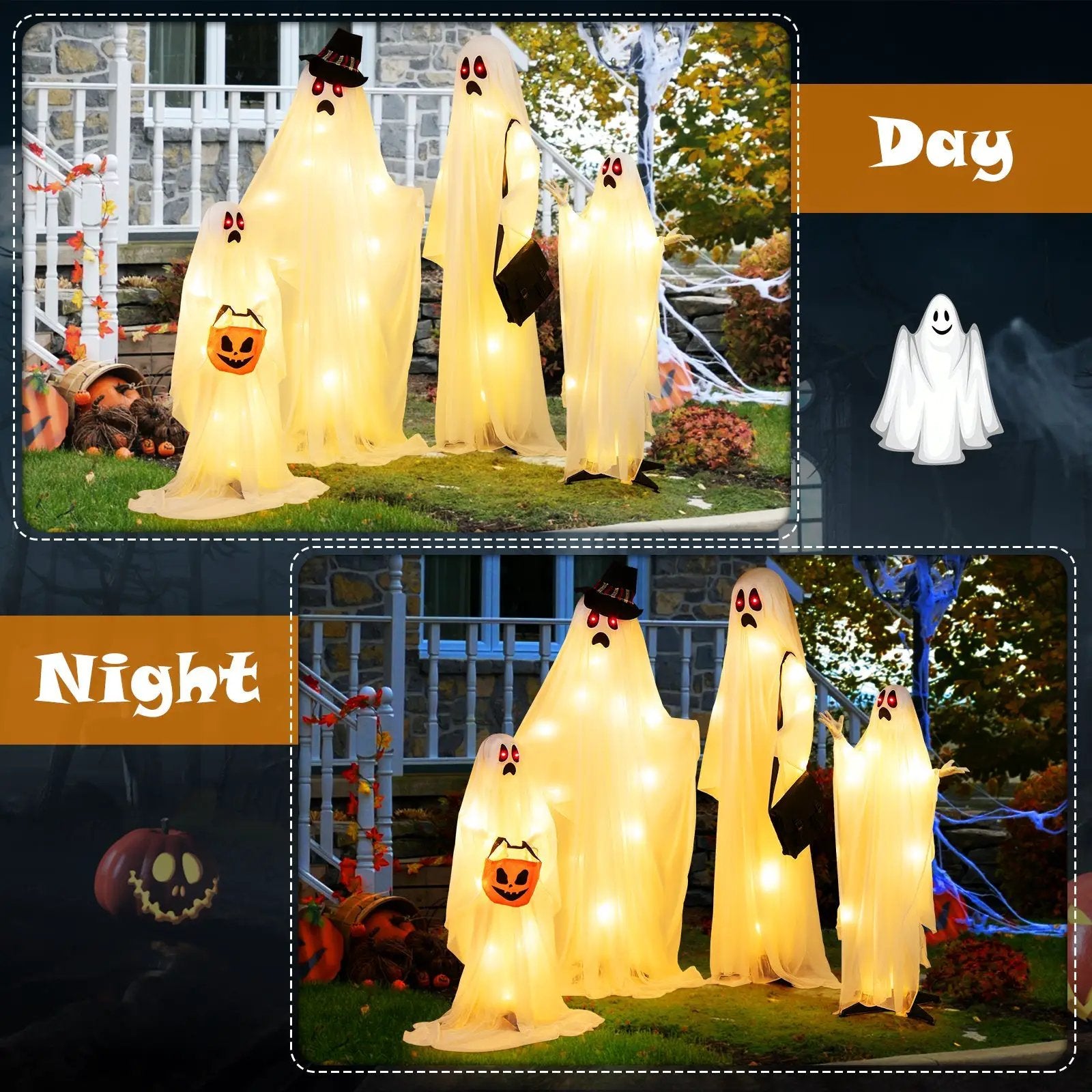 4 PCS Halloween Light up White Cloth Ghost Family with Red and Warm White LED Lights by DirectDeals