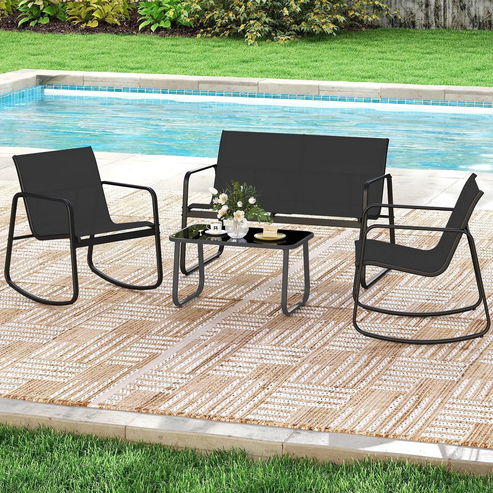 4 PCS Patio Furniture Set Outdoor Rocker Chair Conversation Set-Black by DirectDeals