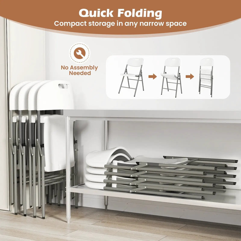 4 Pack Folding Stackable Chairs with Metal Frame and Carrying Handle-White by DirectDeals