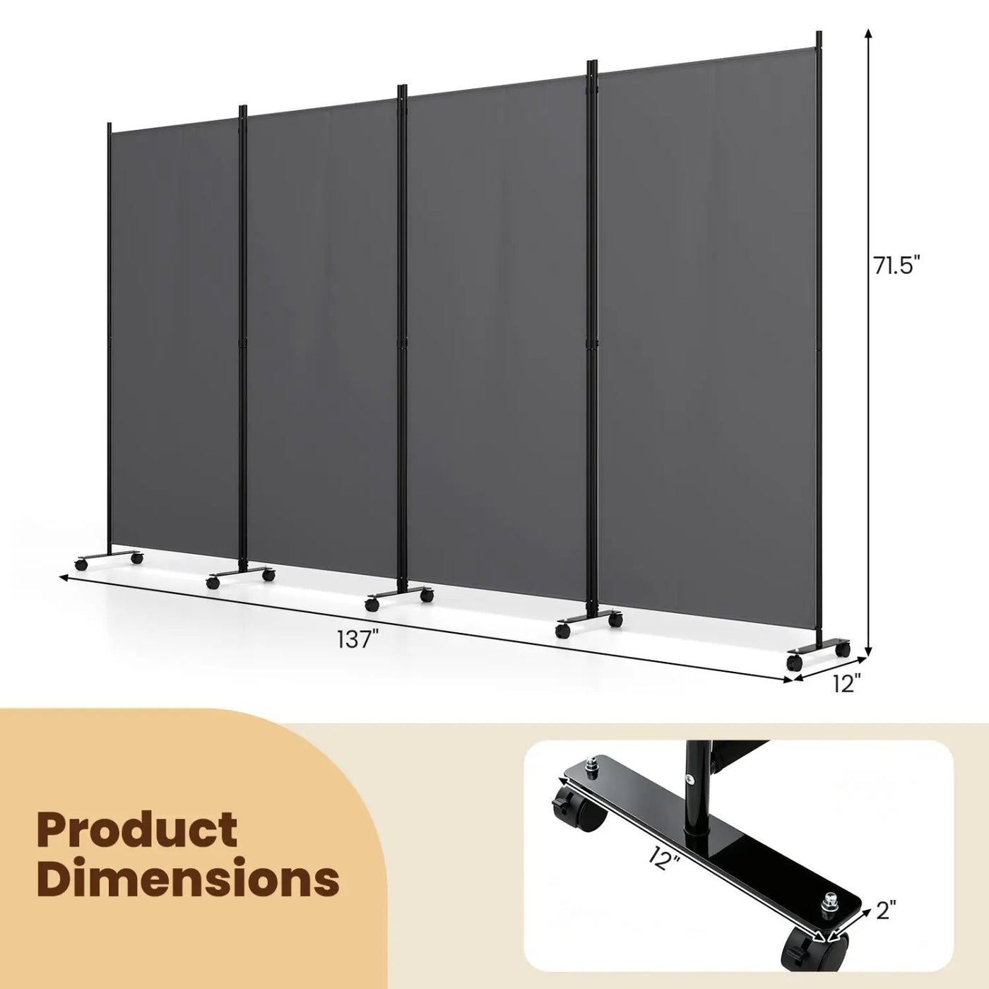 4-Panel Folding Room Divider with Wheels - 71.5" Tall by DirectDeals
