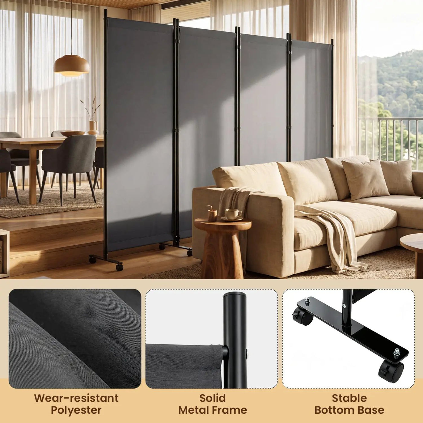 4-Panel Folding Room Divider with Wheels - 71.5" Tall by DirectDeals