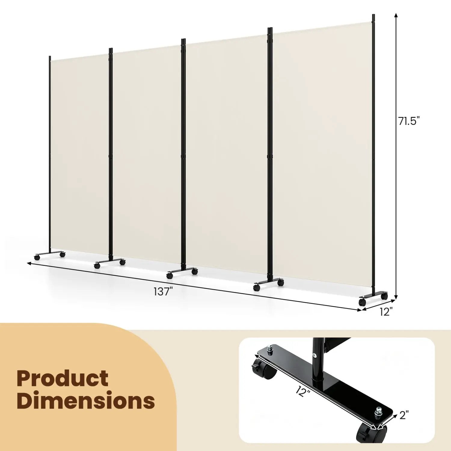 4-Panel Folding Room Divider with Wheels - 71.5" Tall by DirectDeals