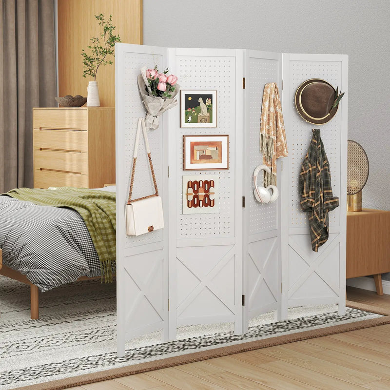 4-Panel Pegboard Display Stand Folding Room Divider with Solid Wood Frame-White by DirectDeals
