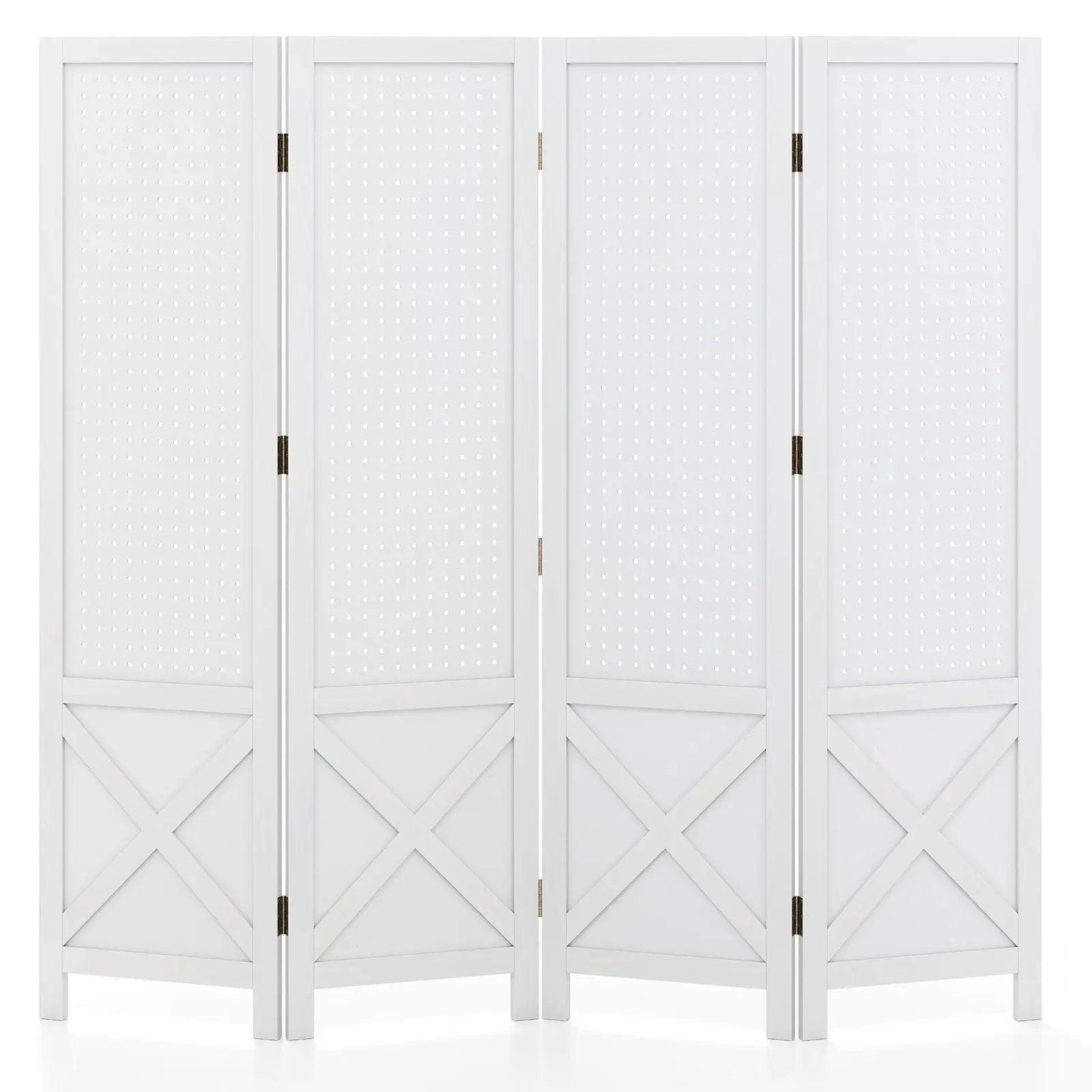 4-Panel Pegboard Display Stand Folding Room Divider with Solid Wood Frame-White by DirectDeals