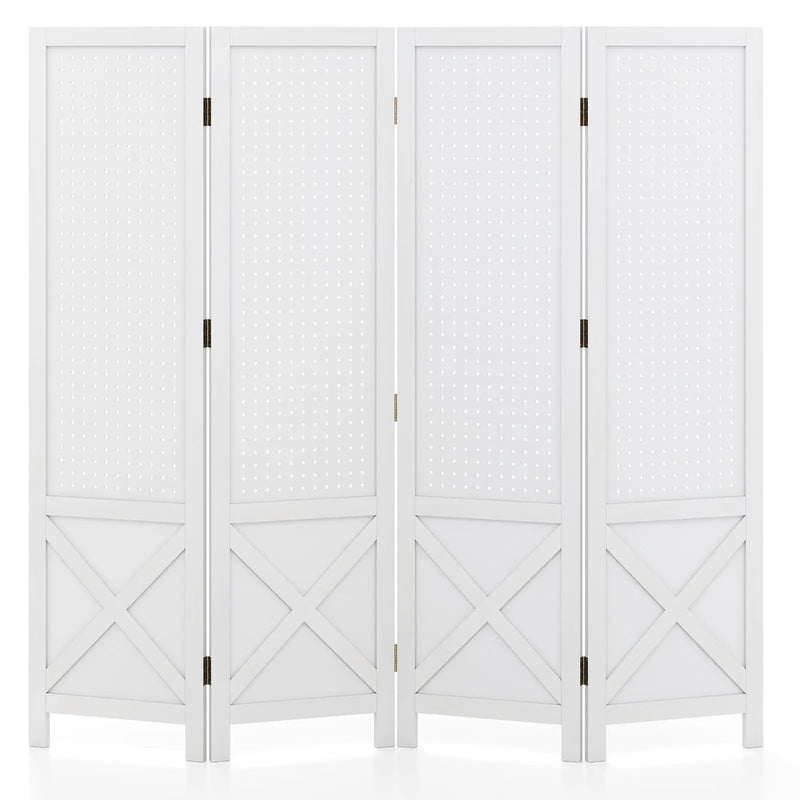 4-Panel Pegboard Display Stand Folding Room Divider with Solid Wood Frame-White by DirectDeals