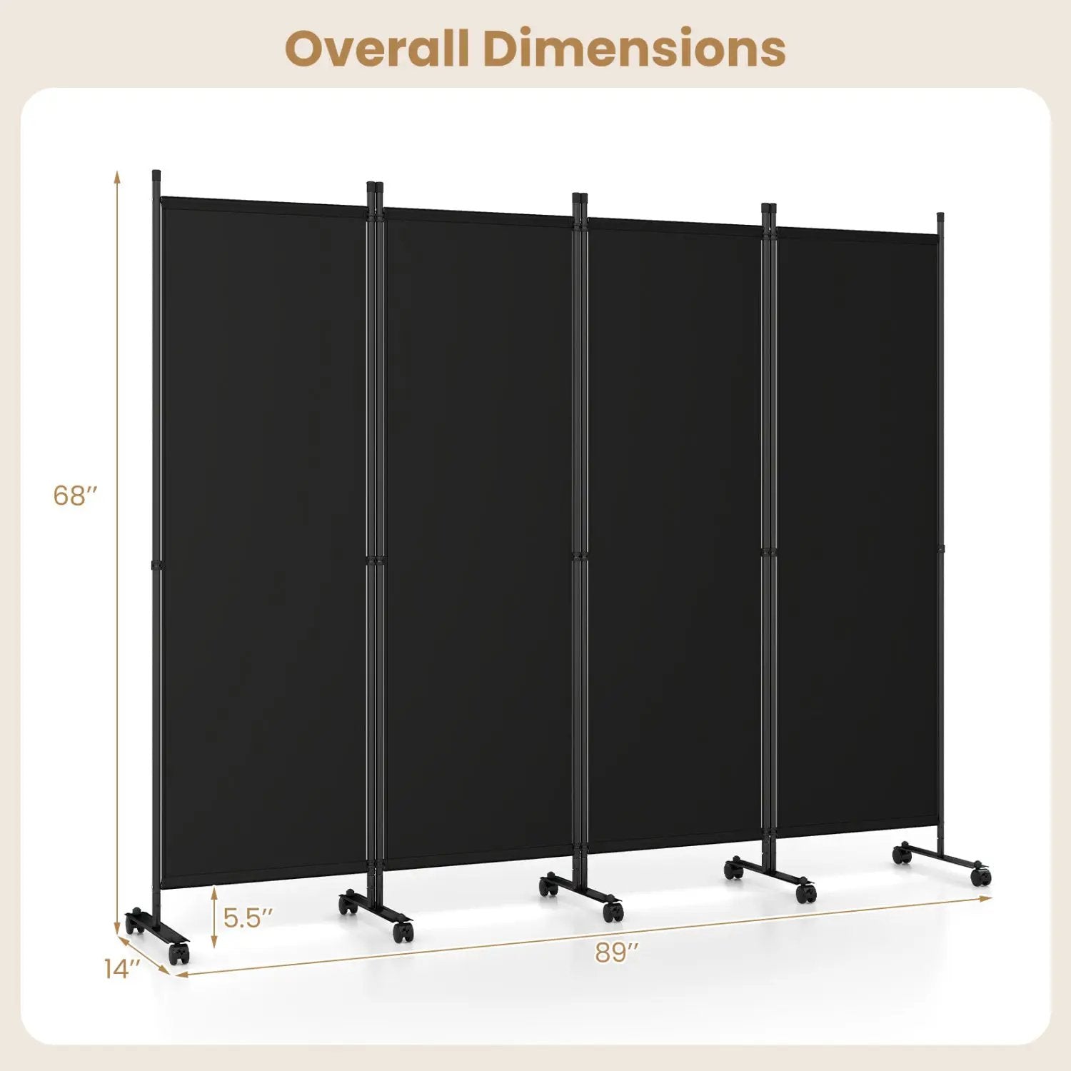 4-Panel Room Divider with Lockable Wheels - 87" x 68" by DirectDeals