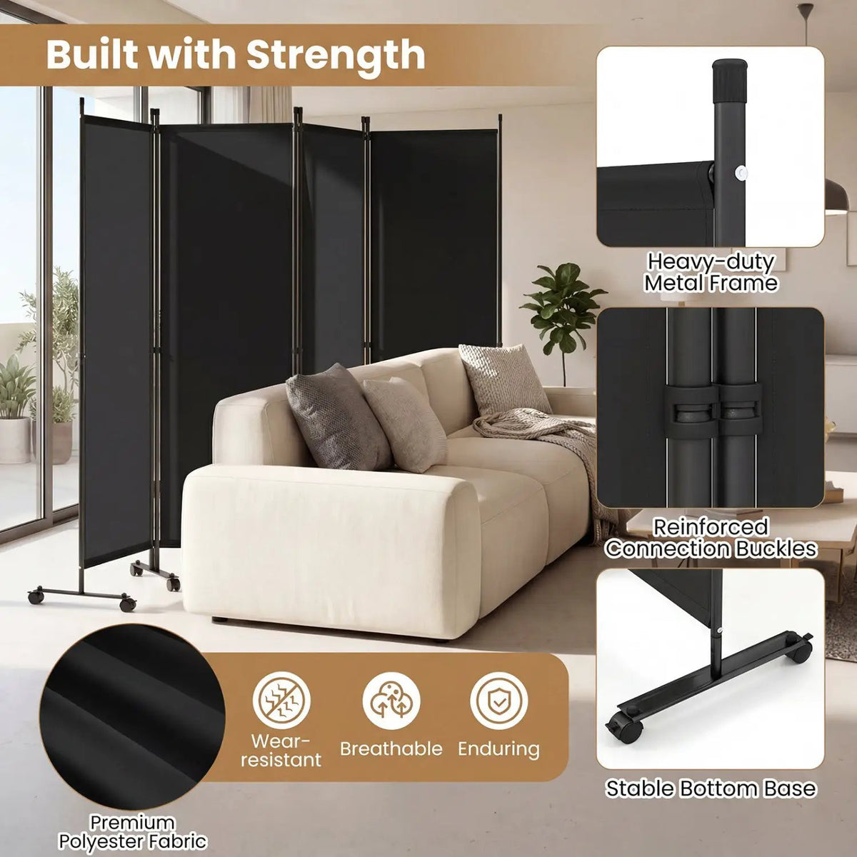 4-Panel Room Divider with Lockable Wheels - 87" x 68", photo 23 of 24