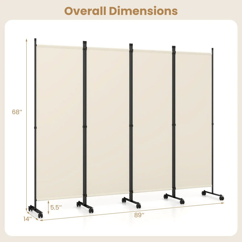 4-Panel Room Divider with Lockable Wheels - 87" x 68" by DirectDeals