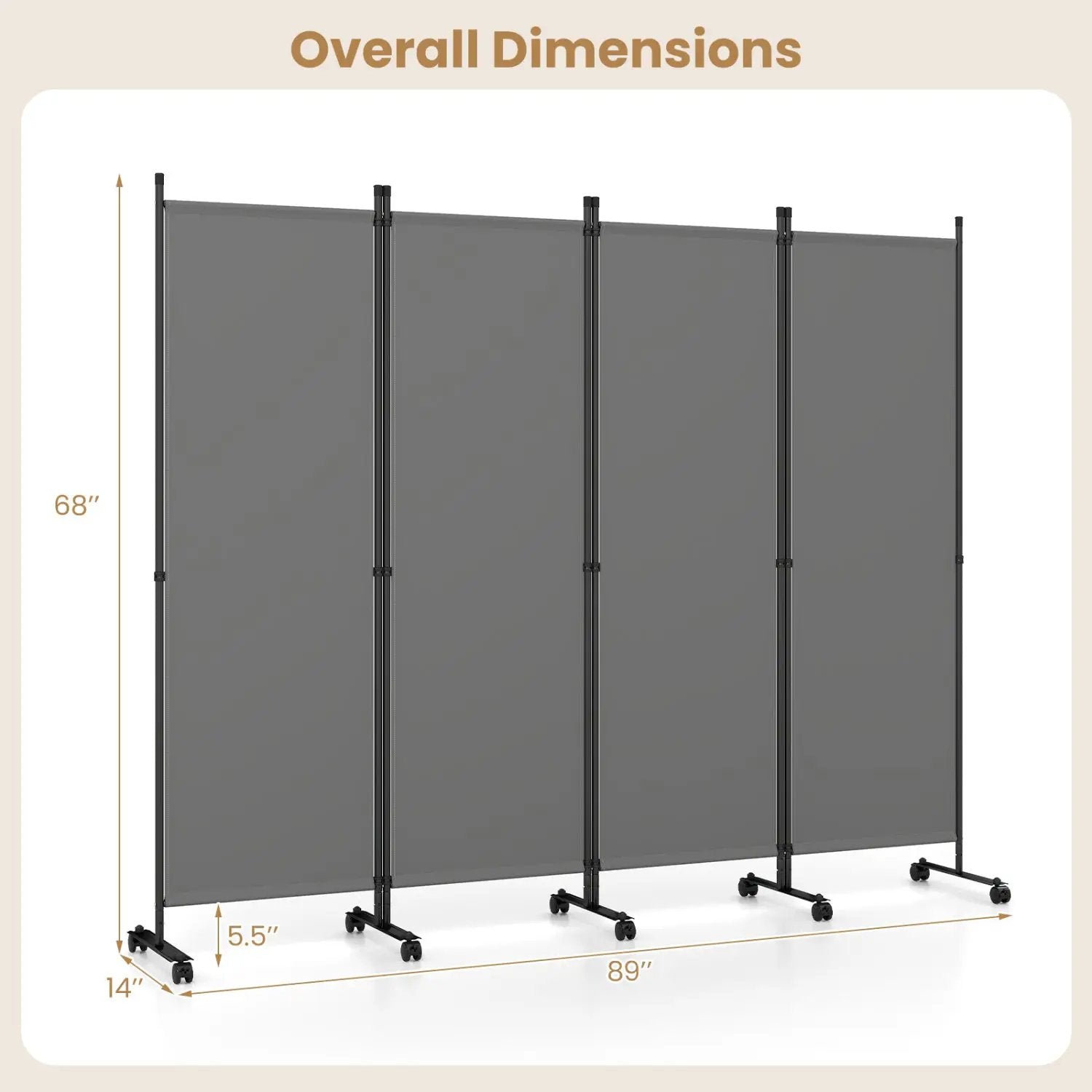 4-Panel Room Divider with Lockable Wheels - 87" x 68" by DirectDeals