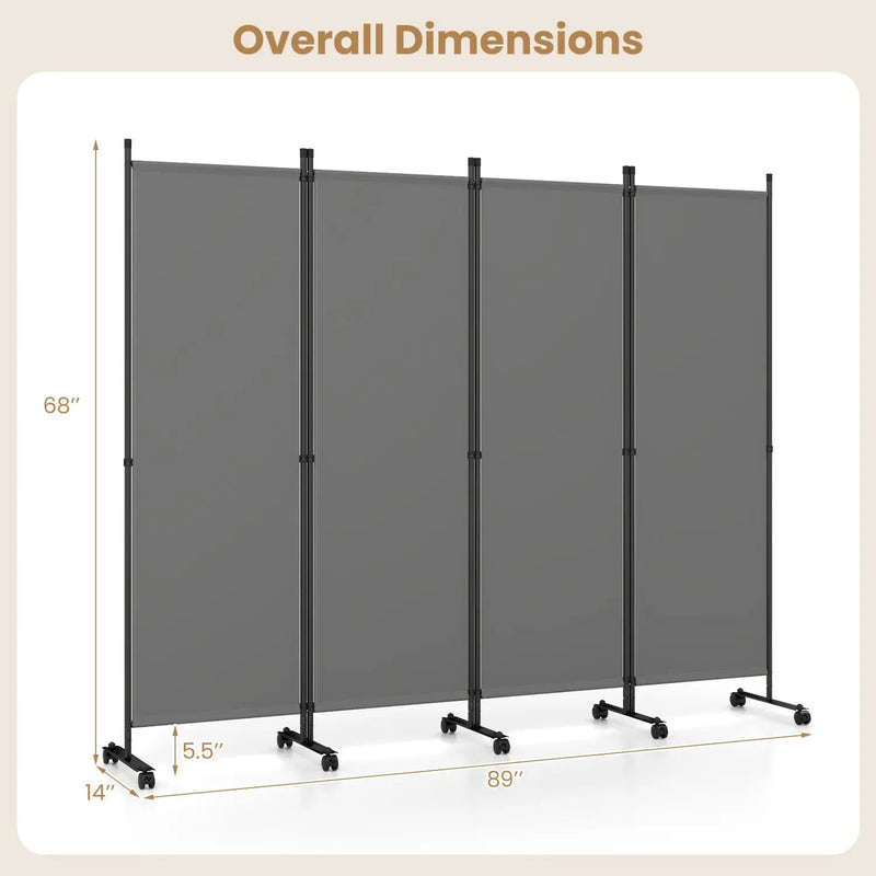 4-Panel Room Divider with Lockable Wheels - 87" x 68" by DirectDeals