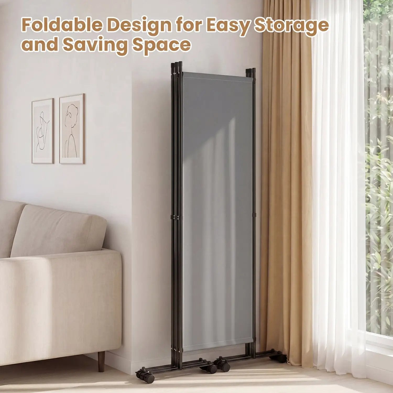4-Panel Room Divider with Lockable Wheels - 87" x 68" by DirectDeals