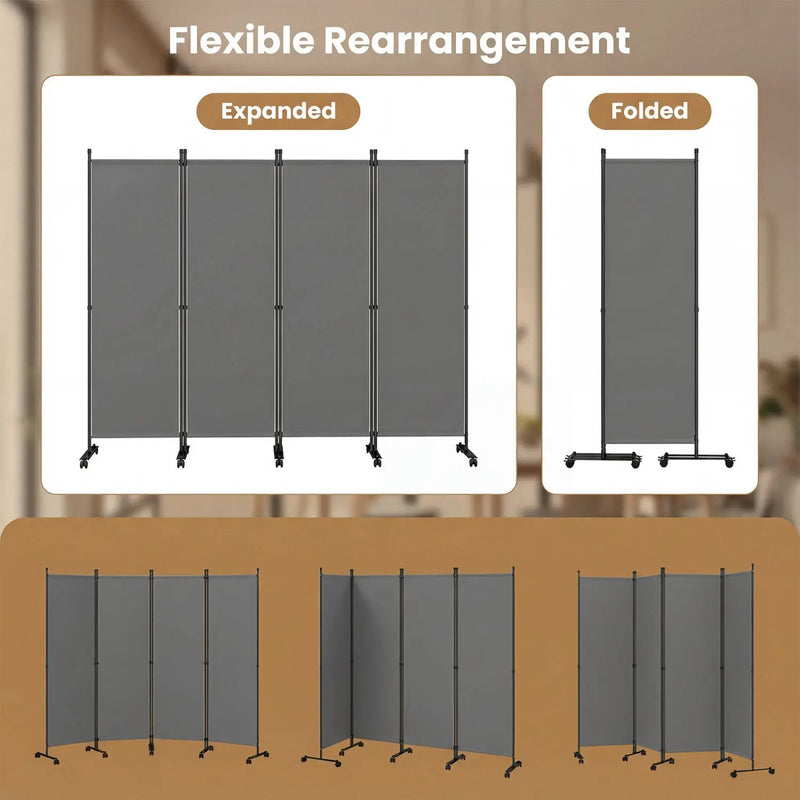 4-Panel Room Divider with Lockable Wheels - 87" x 68" by DirectDeals