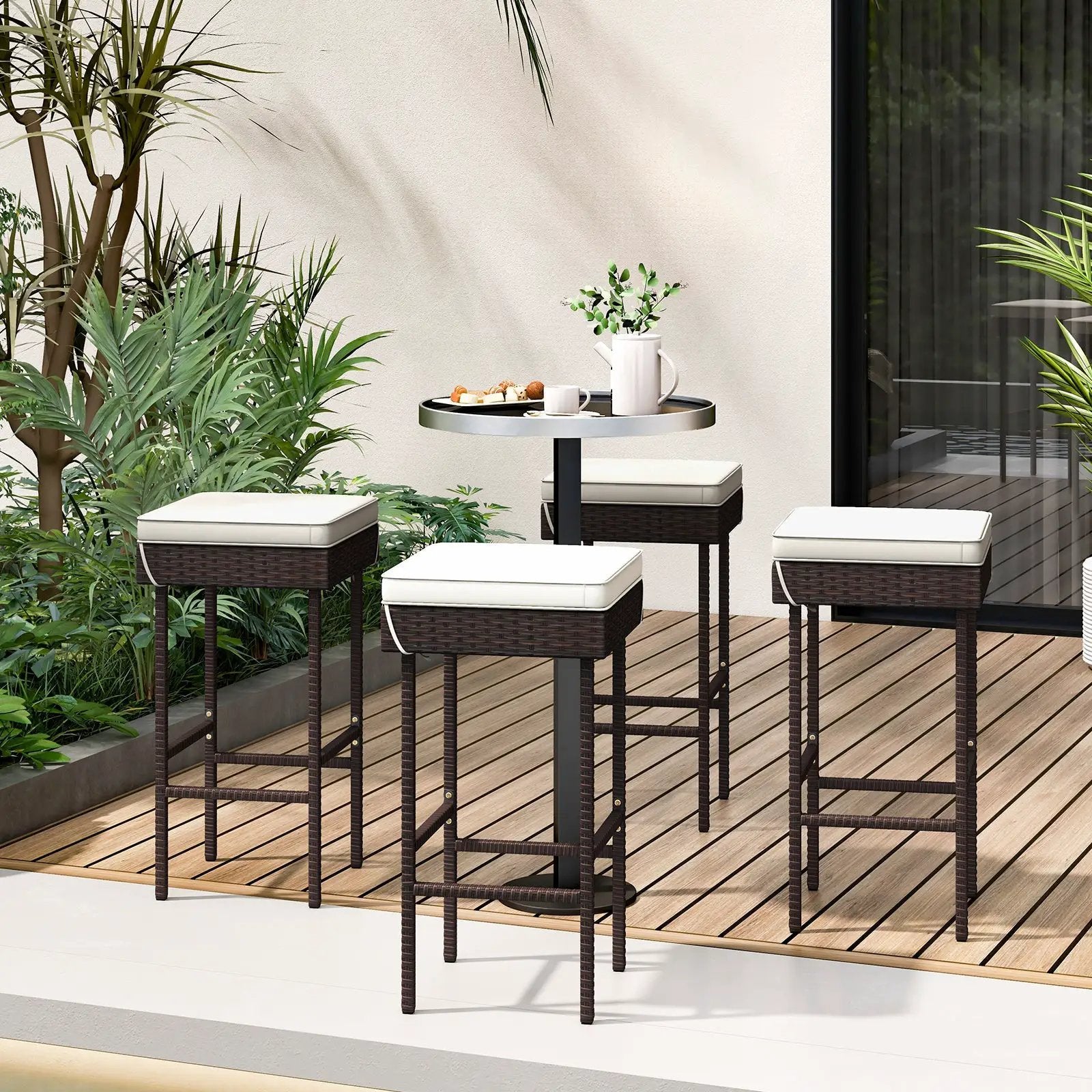 Patio Rattan Barstools Set of 2/4 with Footrest and Soft Cushions for Backyard Balcony-4 Pieces by DirectDeals