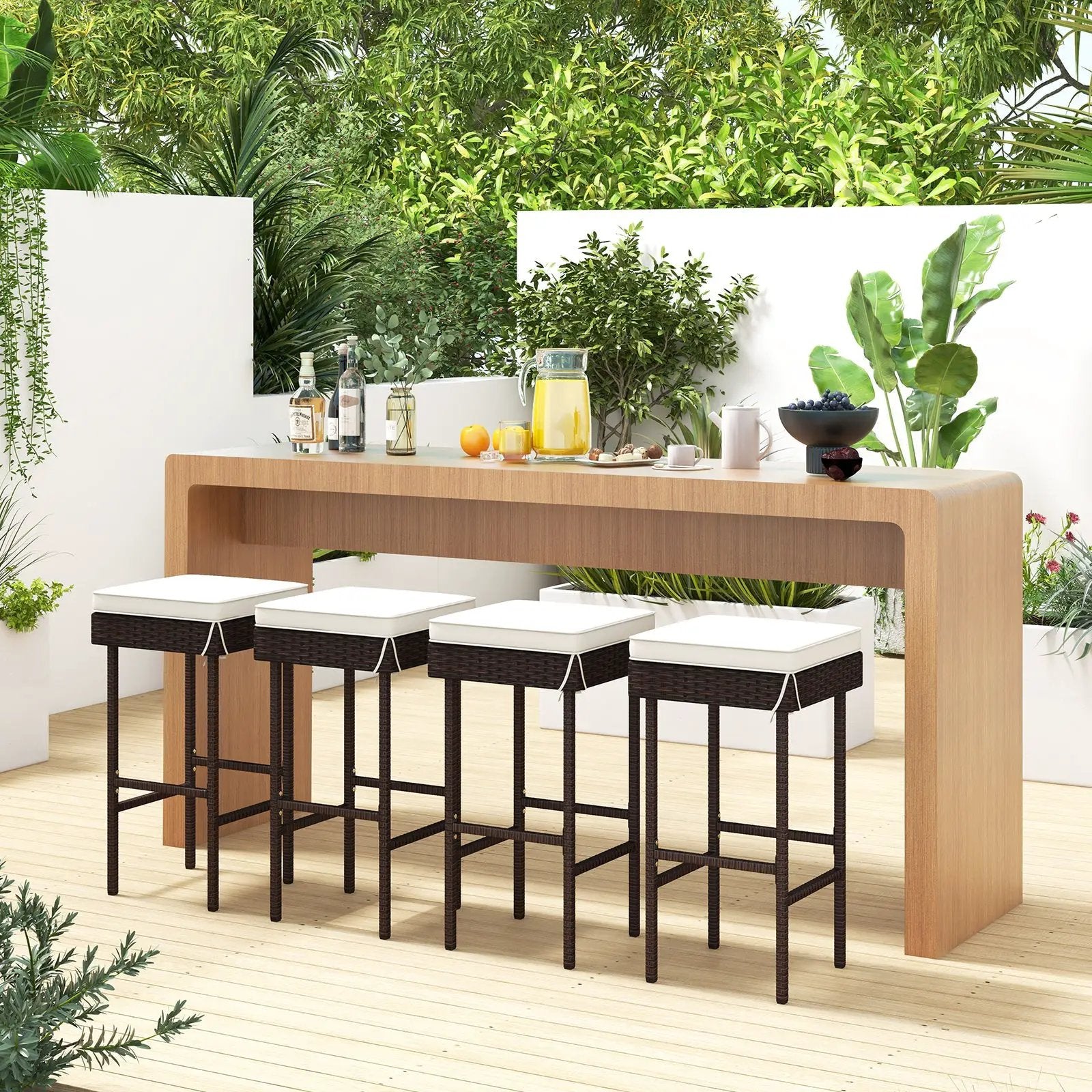 Patio Rattan Barstools Set of 2/4 with Footrest and Soft Cushions for Backyard Balcony-4 Pieces by DirectDeals