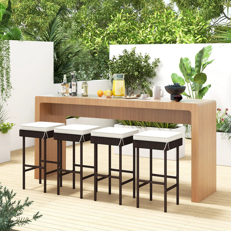 Patio Rattan Barstools Set of 2/4 with Footrest and Soft Cushions for Backyard Balcony-4 Pieces by DirectDeals