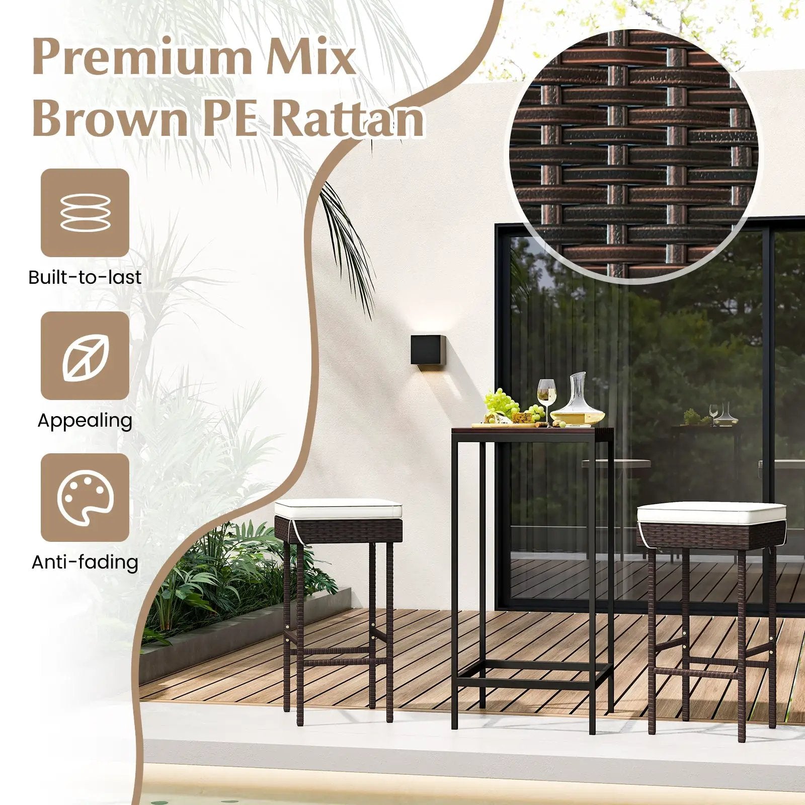 Patio Rattan Barstools Set of 2/4 with Footrest and Soft Cushions for Backyard Balcony-4 Pieces by DirectDeals