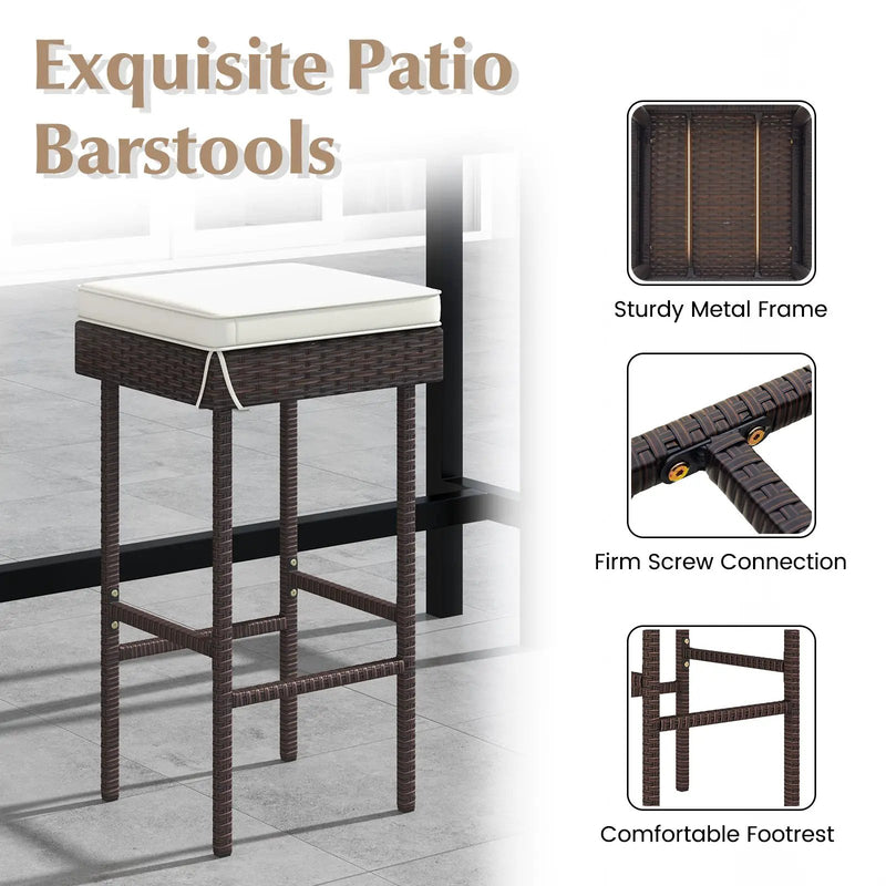 Patio Rattan Barstools Set of 2/4 with Footrest and Soft Cushions for Backyard Balcony-4 Pieces by DirectDeals