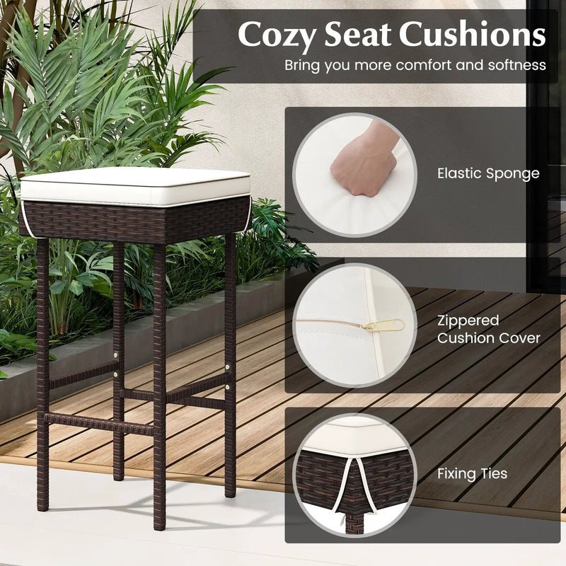 Patio Rattan Barstools Set of 2/4 with Footrest and Soft Cushions for Backyard Balcony-4 Pieces by DirectDeals