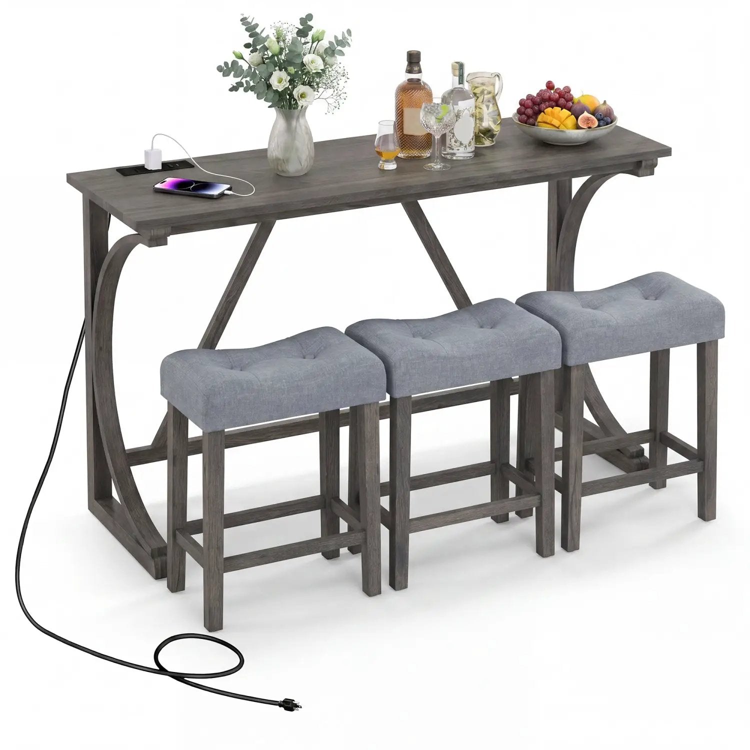 4-Piece Bar Table Set with Power Outlet & Upholstered Stools by DirectDeals