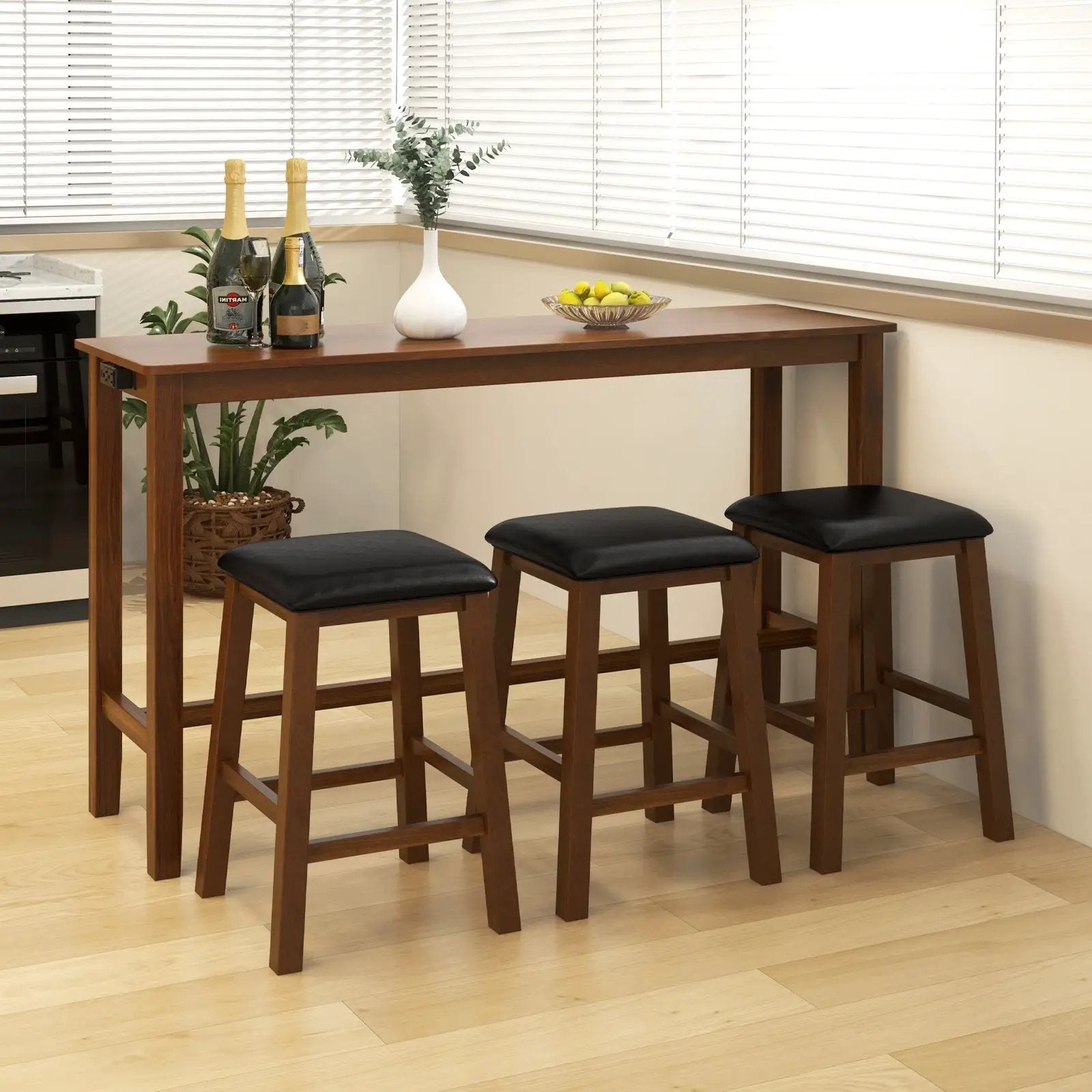 4-Piece Bar Table Set Counter-Height Table and 3 PVC Leather Upholstered Bar Stools-Brown by DirectDeals