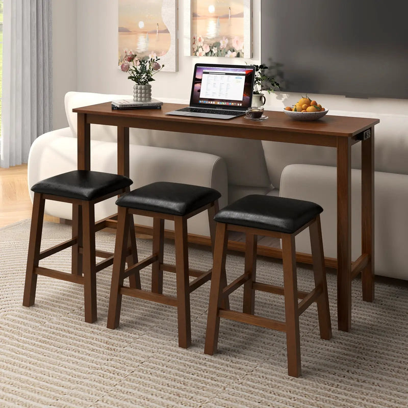 4-Piece Bar Table Set Counter-Height Table and 3 PVC Leather Upholstered Bar Stools-Brown by DirectDeals