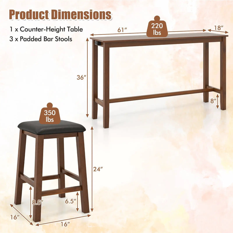 4-Piece Bar Table Set Counter-Height Table and 3 PVC Leather Upholstered Bar Stools-Brown by DirectDeals
