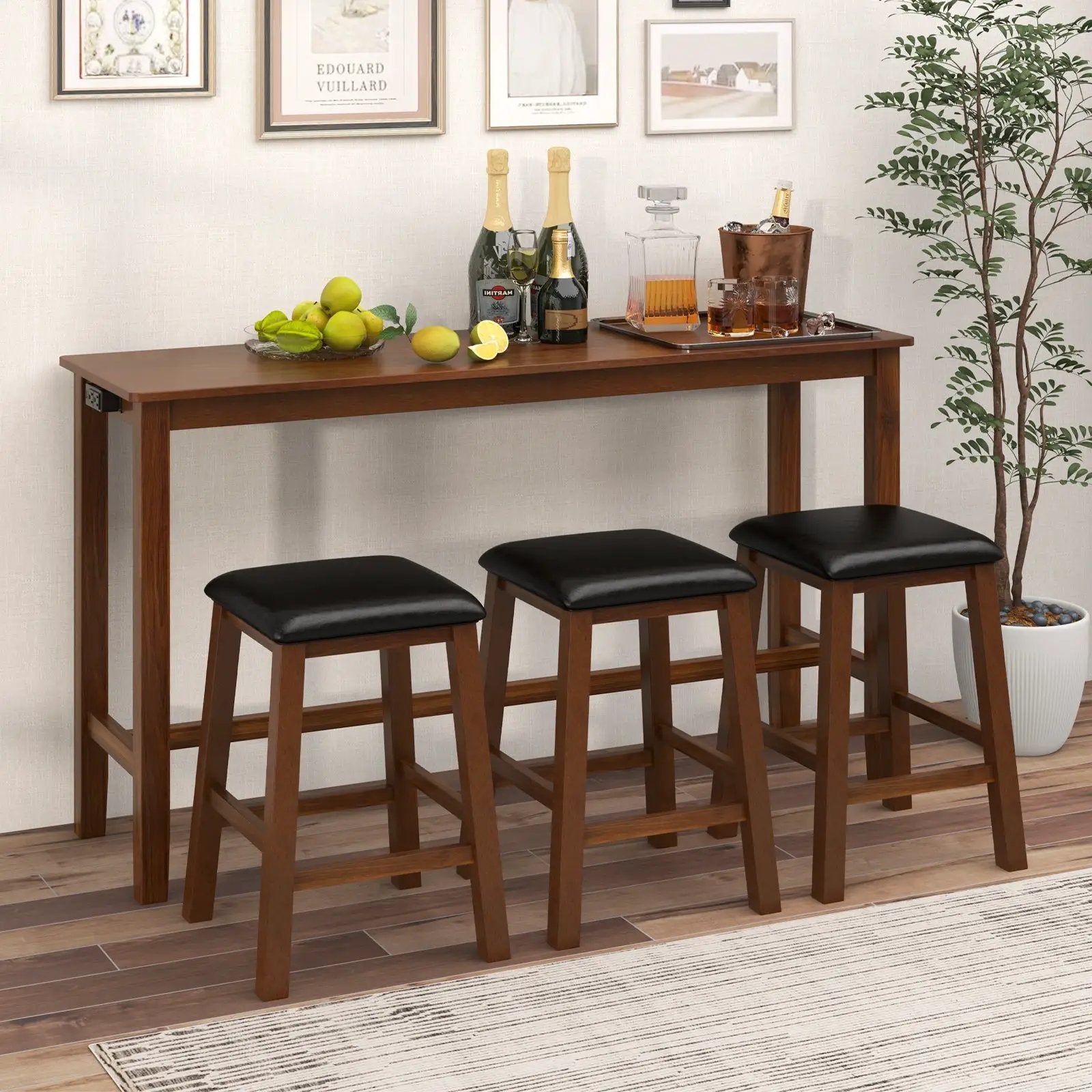 4-Piece Bar Table Set Counter-Height Table and 3 PVC Leather Upholstered Bar Stools-Brown by DirectDeals