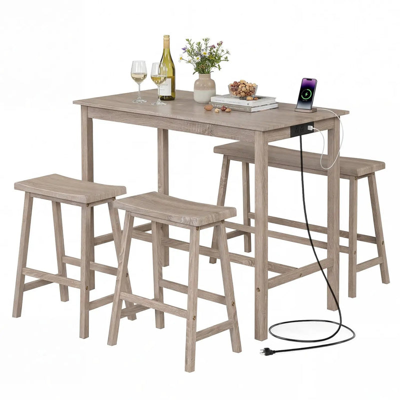 4-Piece Counter Height Dining Table Set with Power Outlet Solid Rubber Wood Kitchen Table by DirectDeals