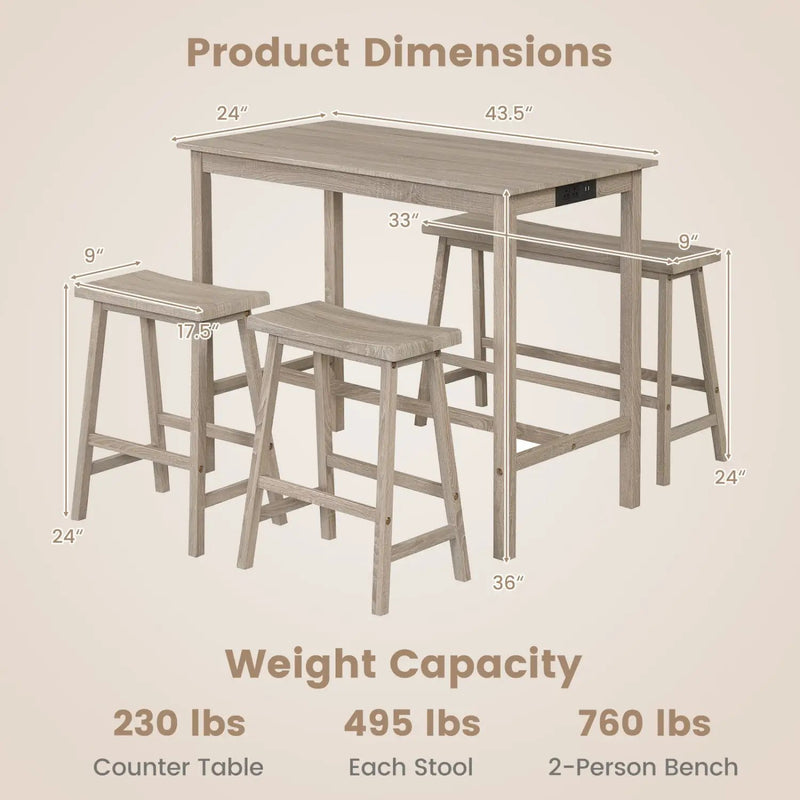 4-Piece Counter Height Dining Table Set with Power Outlet Solid Rubber Wood Kitchen Table by DirectDeals