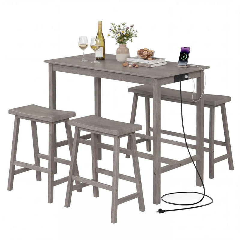 4-Piece Counter Height Dining Table Set with Power Outlet Solid Rubber Wood Kitchen Table by DirectDeals