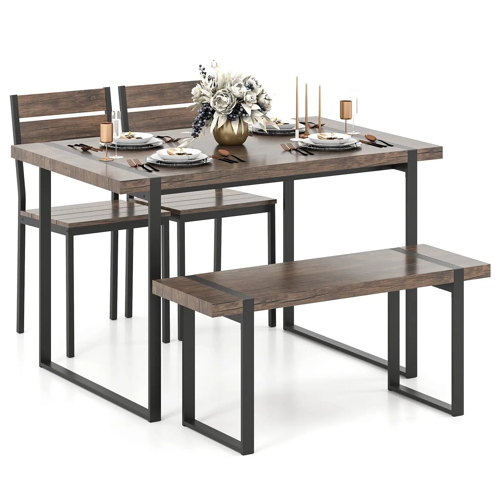 4-Piece Dining Table Set for 4 with 1 Bench and 2 Chairs-Gray by DirectDeals