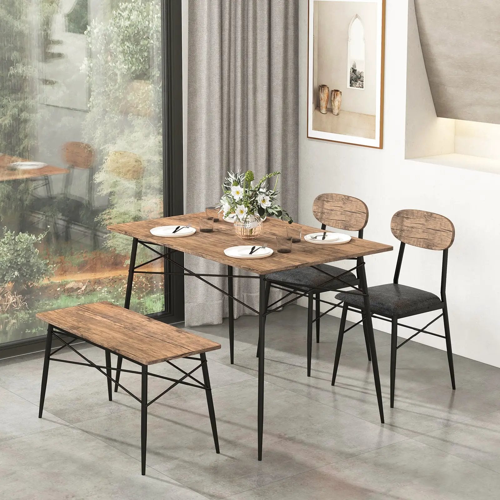 4 Piece Dining Table Set with Bench and 2 Chairs-Brown by DirectDeals