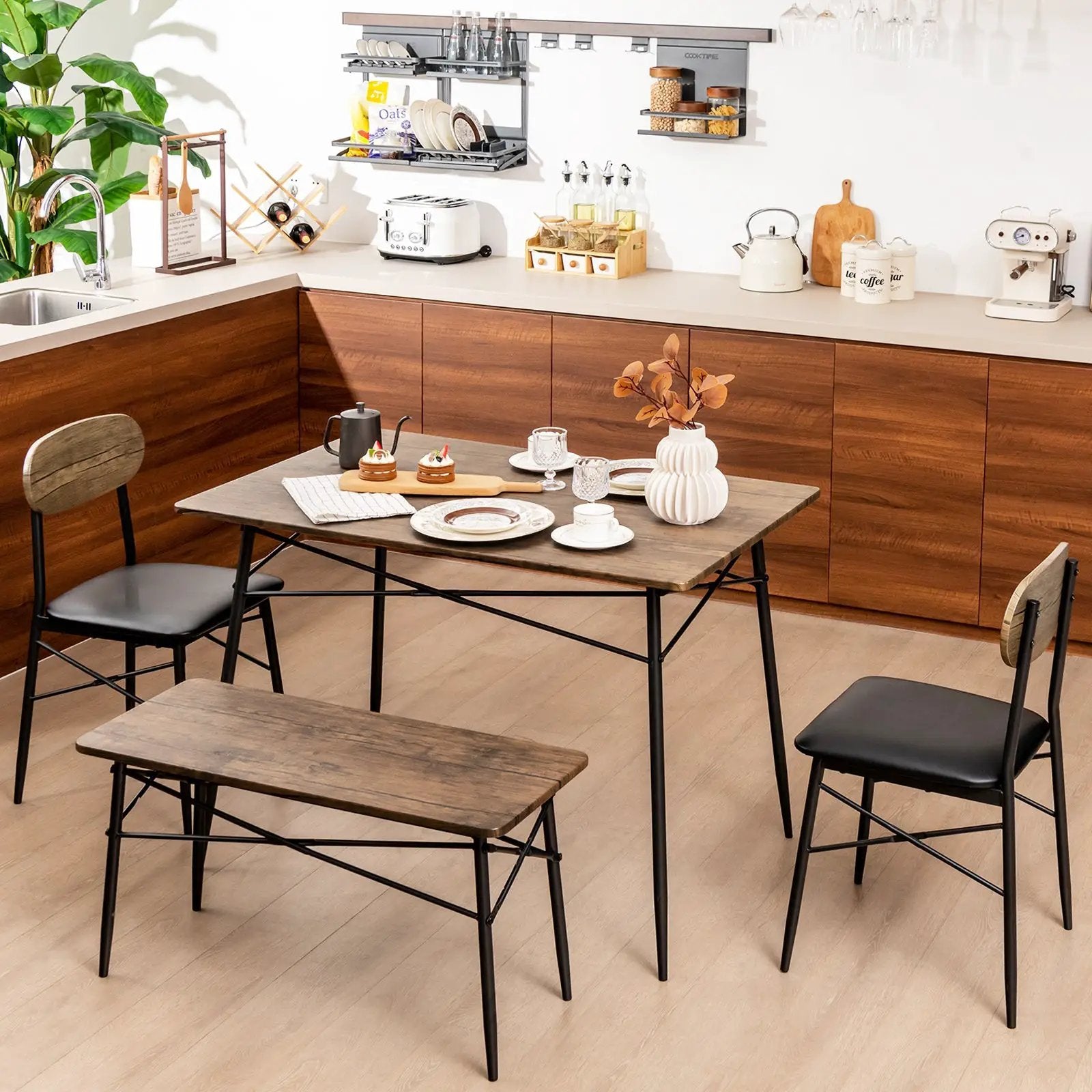 4 Piece Dining Table Set with Bench and 2 Chairs-Brown by DirectDeals