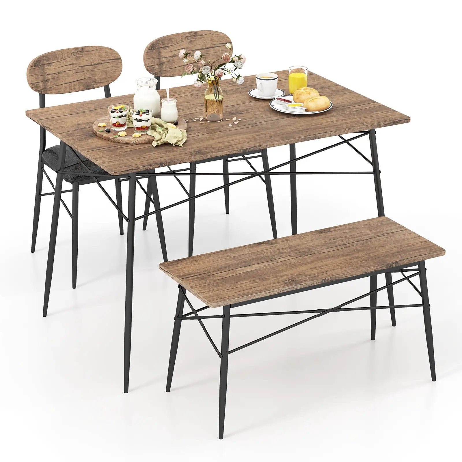 4 Piece Dining Table Set with Bench and 2 Chairs-Brown by DirectDeals