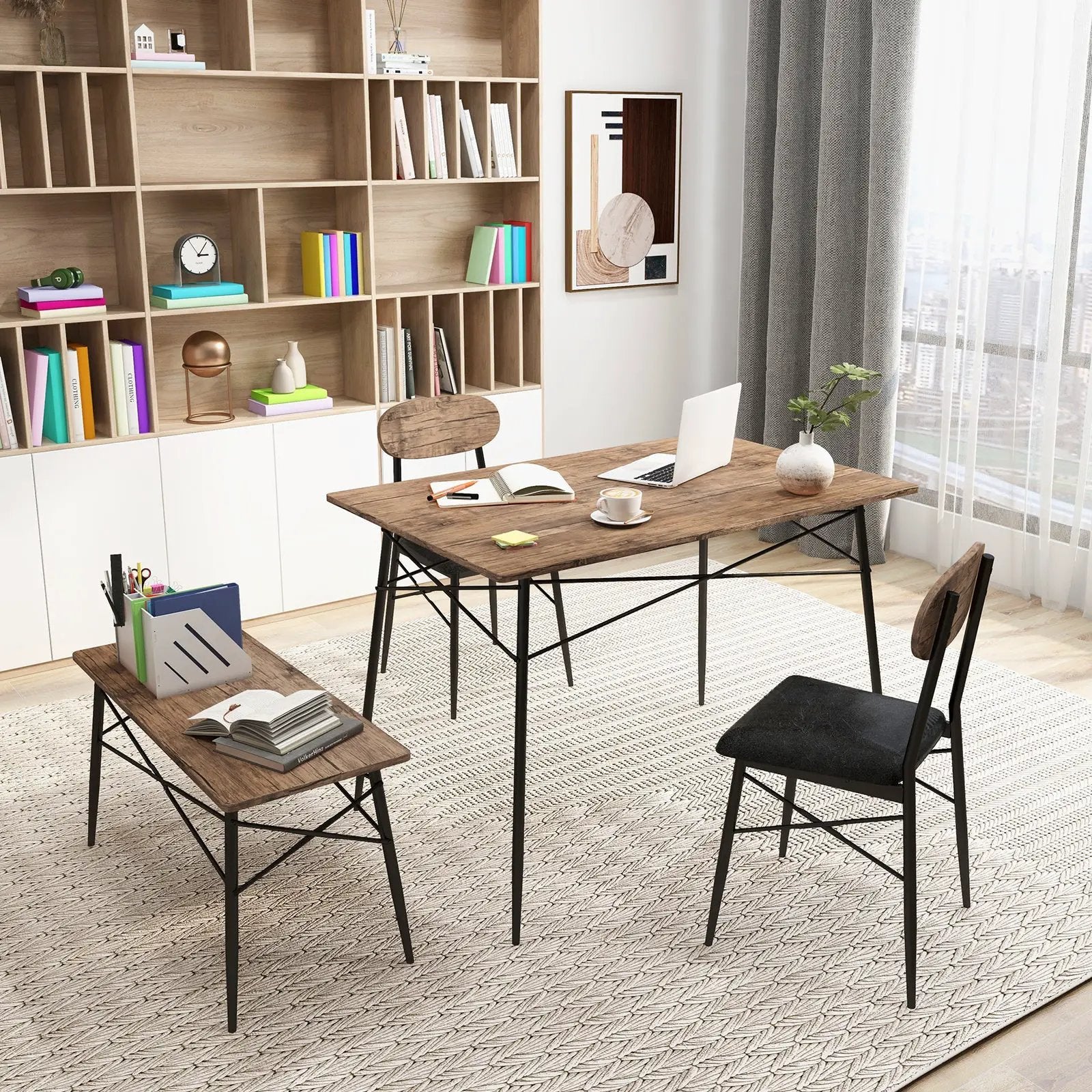 4 Piece Dining Table Set with Bench and 2 Chairs-Brown by DirectDeals