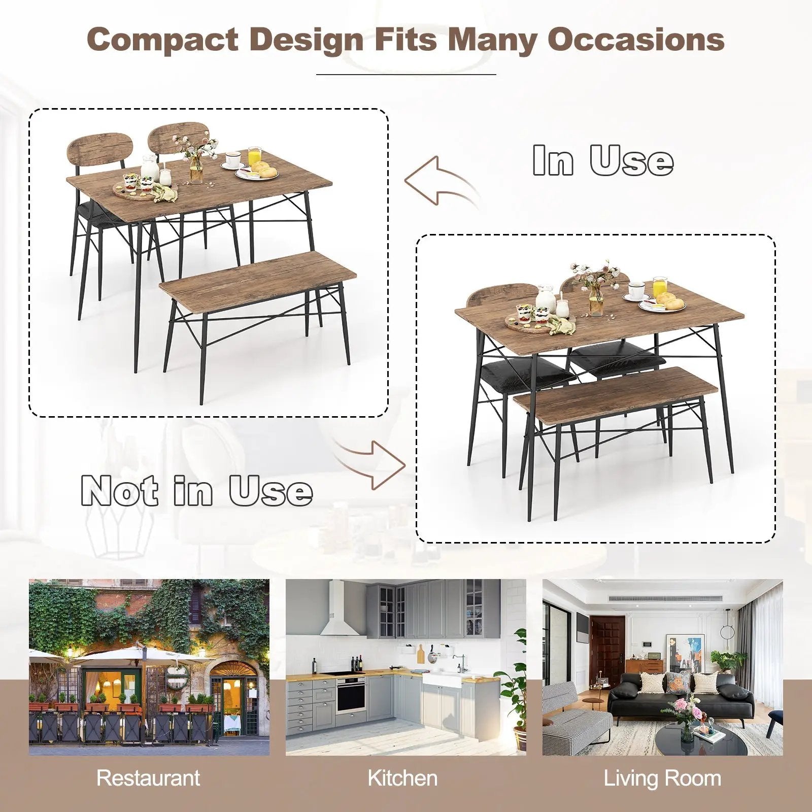 4 Piece Dining Table Set with Bench and 2 Chairs-Brown by DirectDeals