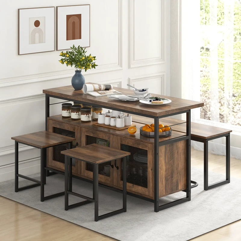4 Piece Kitchen Island Set with Bench and Storage-Brown by DirectDeals
