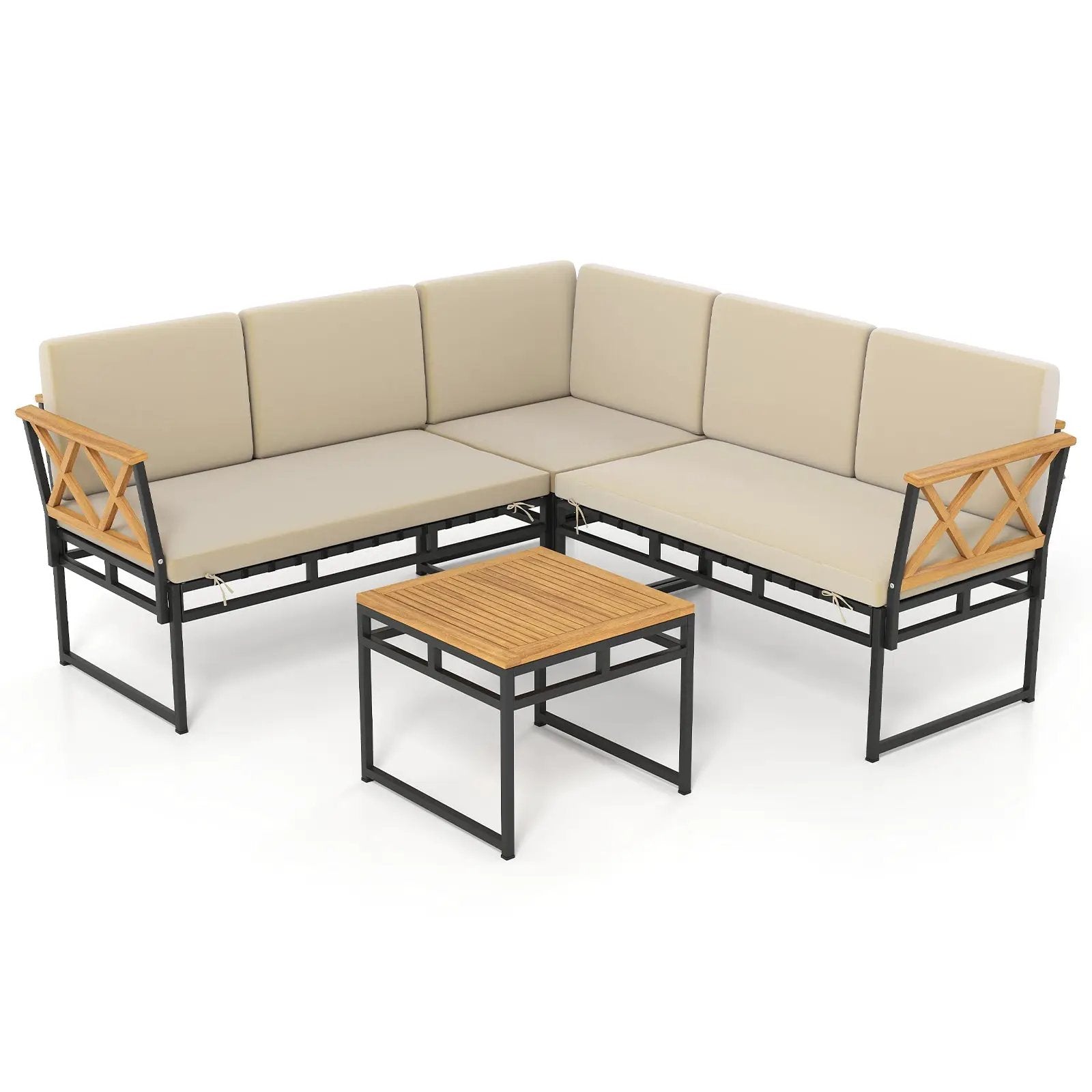 4 Pieces Patio L-Shaped Sofa Set with Cushions and Side Table-Brown by DirectDeals