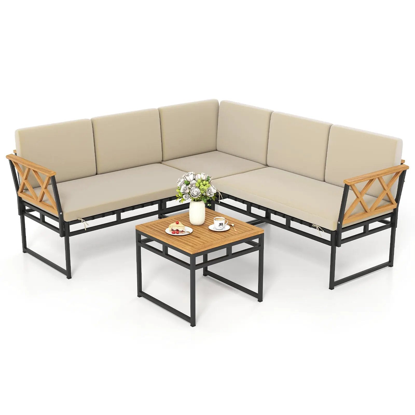 4 Pieces Patio L-Shaped Sofa Set with Cushions and Side Table-Brown by DirectDeals