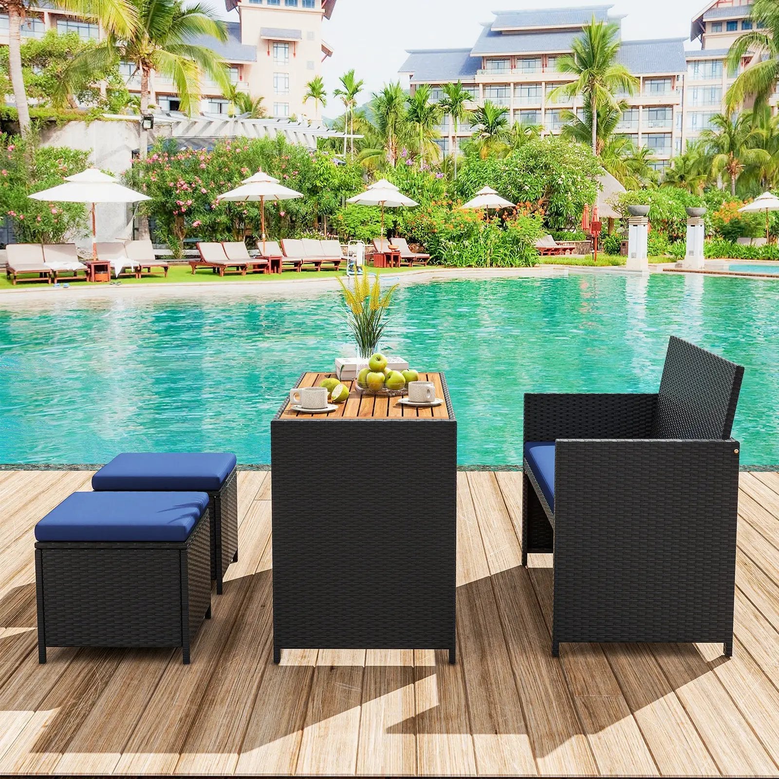 4 Piece Outdoor Dining Set with Wood Topped Dining Table Rattan Loveseat Chair and 2 Ottomans-Navy by DirectDeals