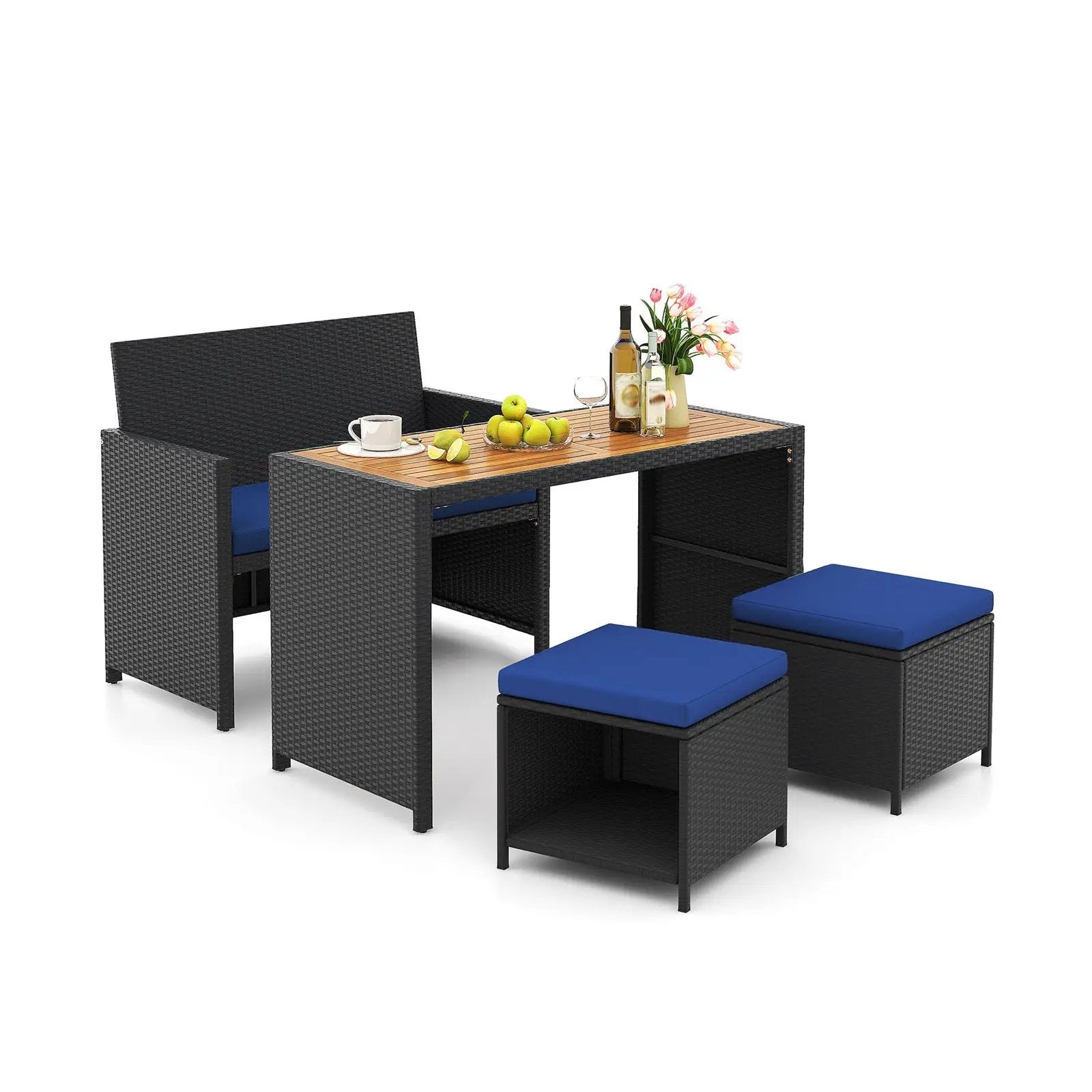 4 Piece Outdoor Dining Set with Wood Topped Dining Table Rattan Loveseat Chair and 2 Ottomans-Navy by DirectDeals