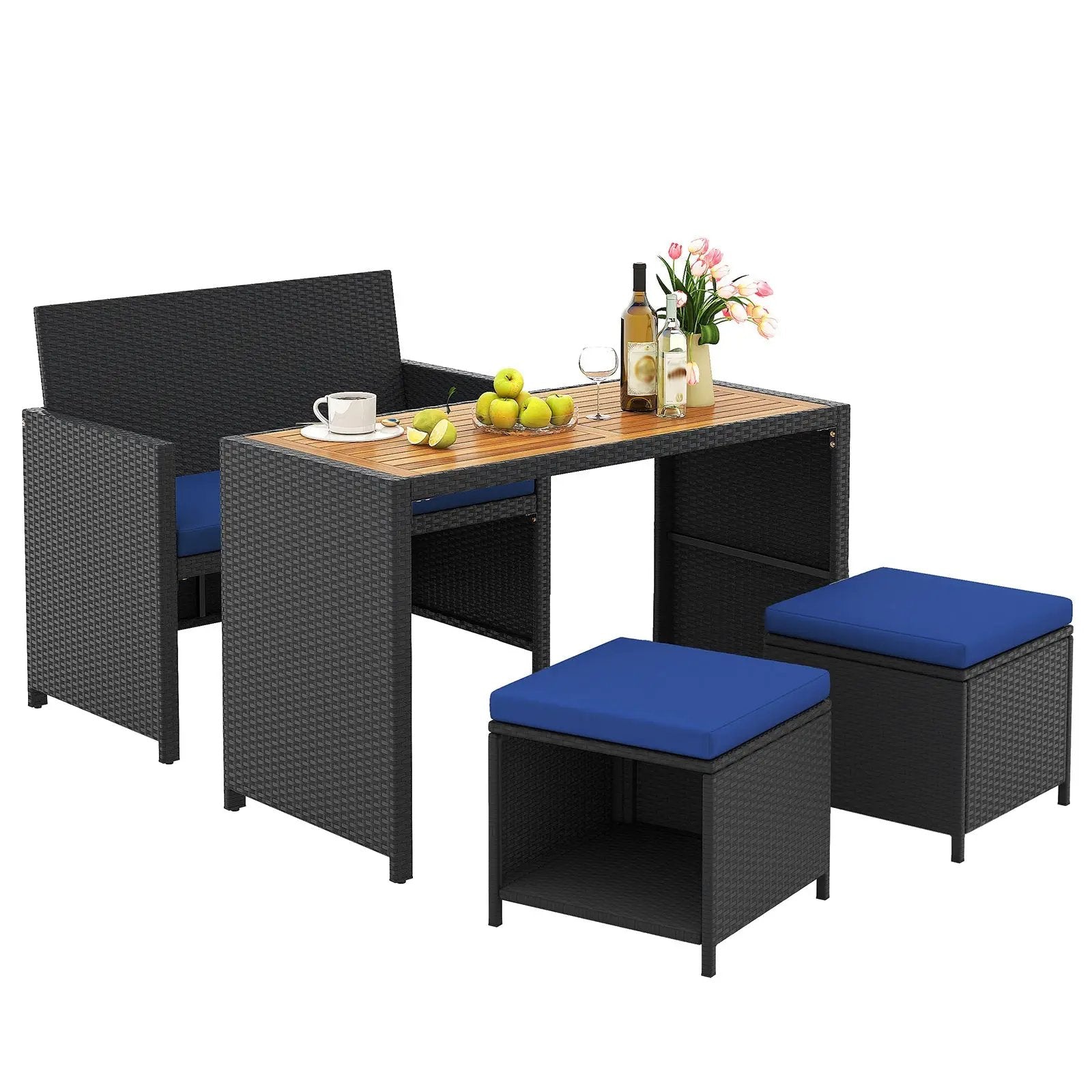 4 Piece Outdoor Dining Set with Wood Topped Dining Table Rattan Loveseat Chair and 2 Ottomans-Navy by DirectDeals