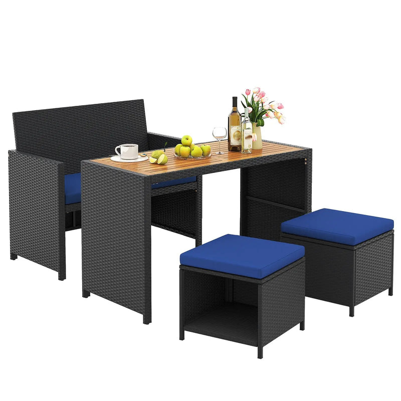 4 Piece Outdoor Dining Set with Wood Topped Dining Table Rattan Loveseat Chair and 2 Ottomans-Navy by DirectDeals