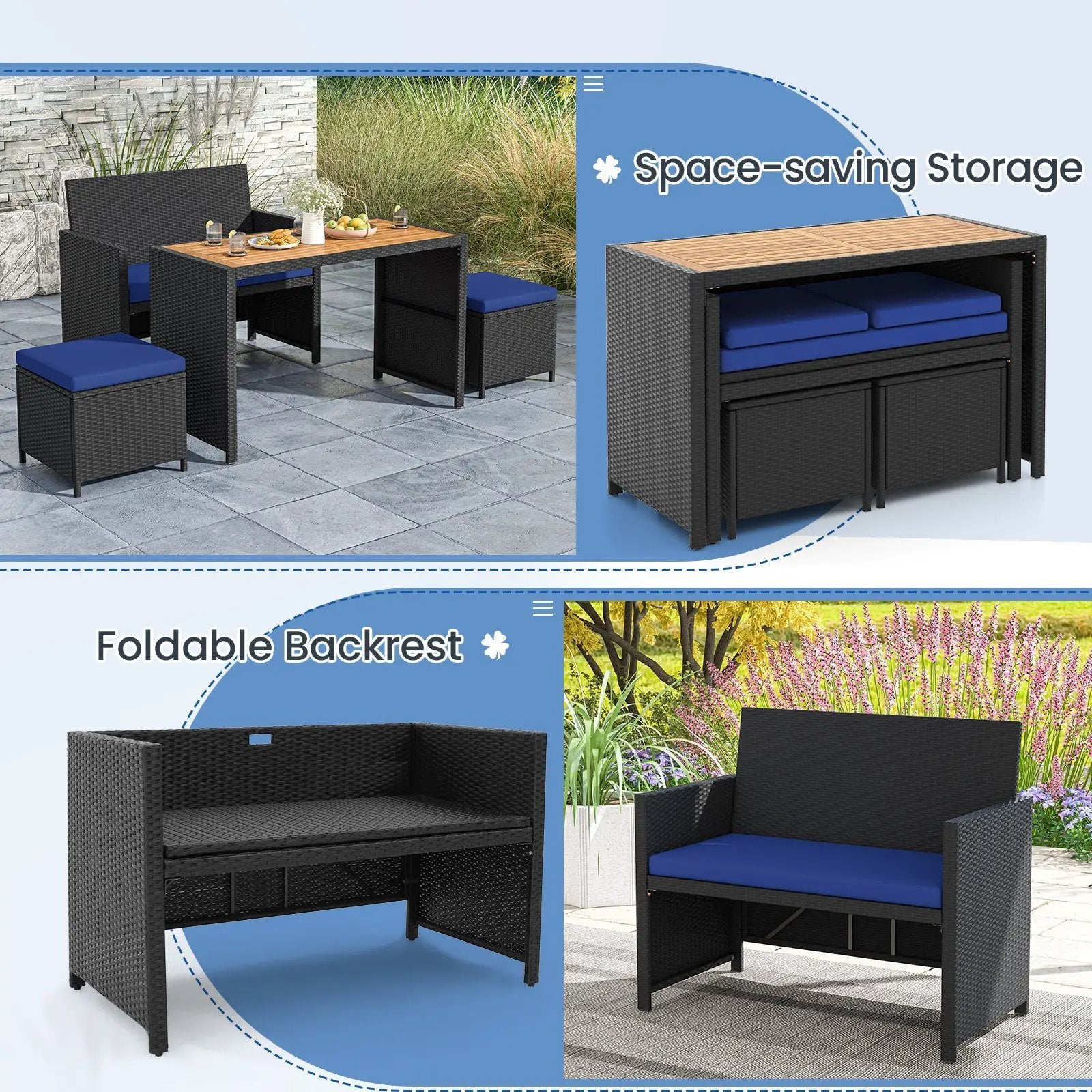 4 Piece Outdoor Dining Set with Wood Topped Dining Table Rattan Loveseat Chair and 2 Ottomans-Navy by DirectDeals